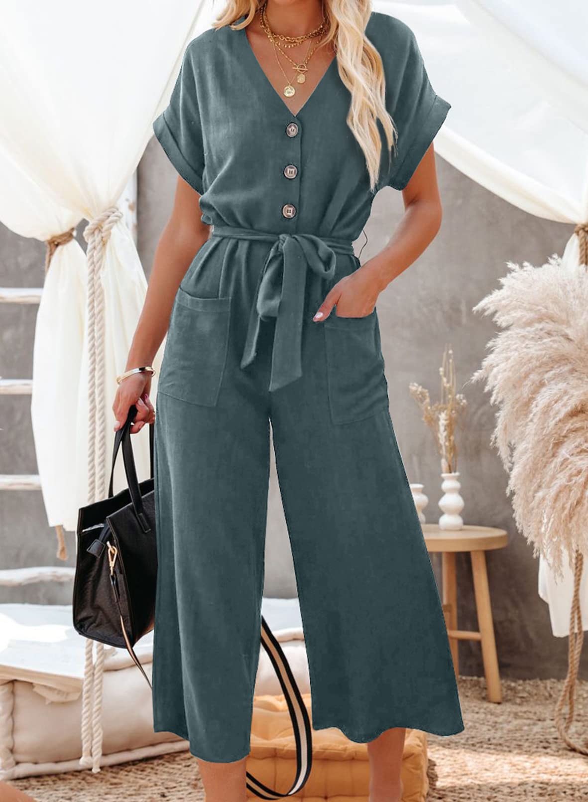 Acelitt Women's Casual V-Neck Short Sleeve Button Belted Wide Leg Jumpsuit - Summer Outfits for Women, Plus Size S-XXL | Perfect for Beach, Vacation & Everyday Wear