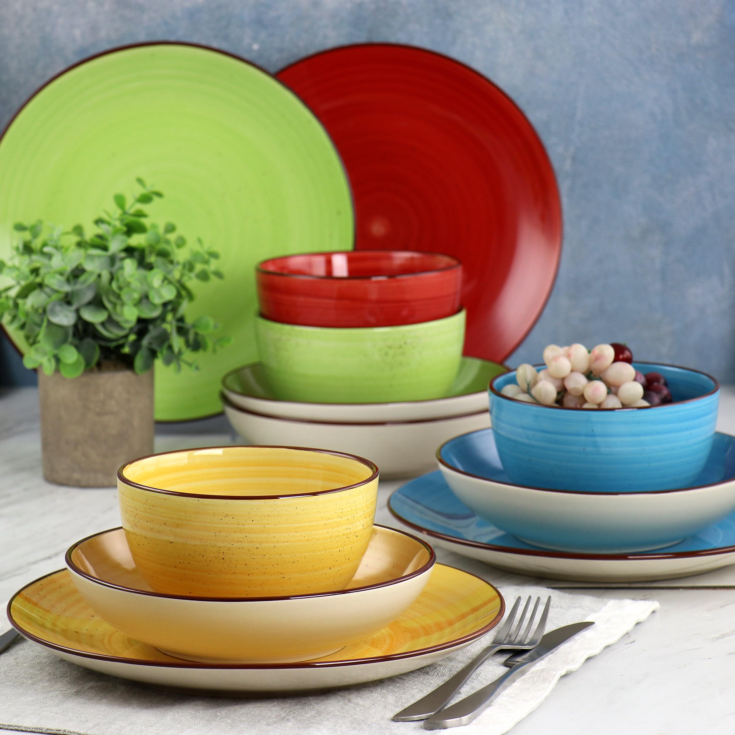 Elama 12-Piece Stoneware Dinnerware Set - Double Bowl Plates, Bowls & Mugs - Durable Mason Style for Everyday Dining, Family Meals & Entertaining