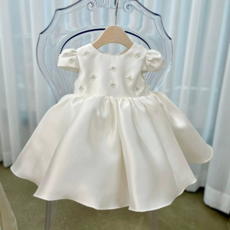 Princess Round Tea Length Satin Flower Girl Dress in White - Perfect for Weddings, Flower Girls & Special Occasions