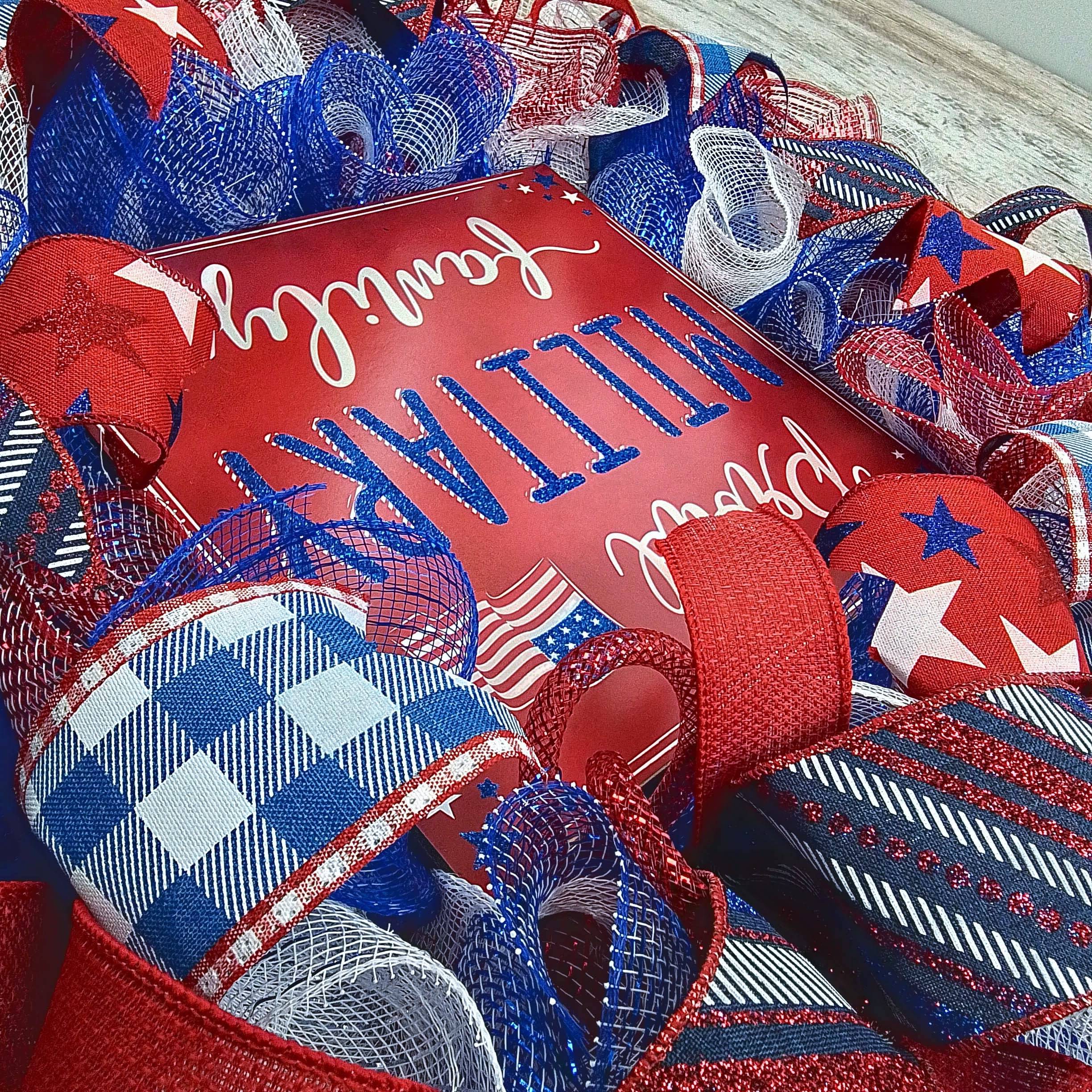 4th of July Wreath - Patriotic Red White & Blue American Flag Wreath for Front Door - Military Family Home Decor for Independence Day, Memorial Day & Veterans Day Celebrations