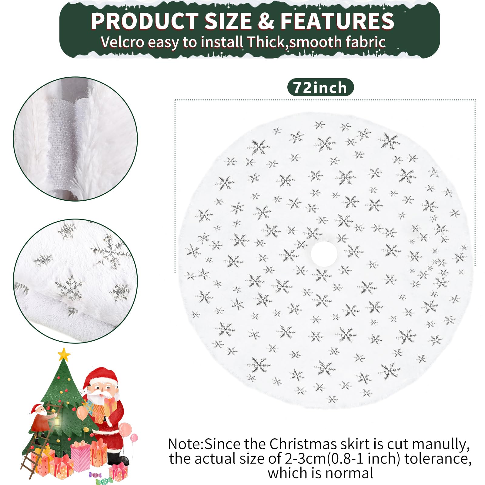 72 Inch White Faux Fur Christmas Tree Skirt with Sequin Silver Snowflakes - Holiday Party Decor for Xmas Tree, Home, and Festive Gatherings