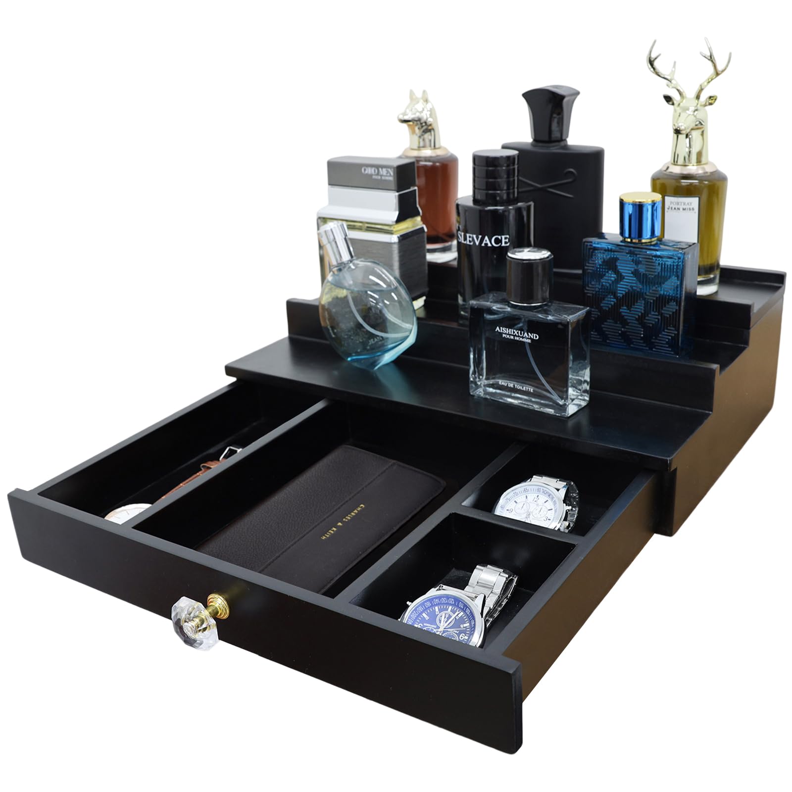 Premium 3-Tier Wooden Cologne Organizer for Men - Black Perfume Display Stand with Storage Drawer, Countertop Organizer & Cologne Holder - Perfect Gift for Dresser, Bathroom, or Vanity Organization