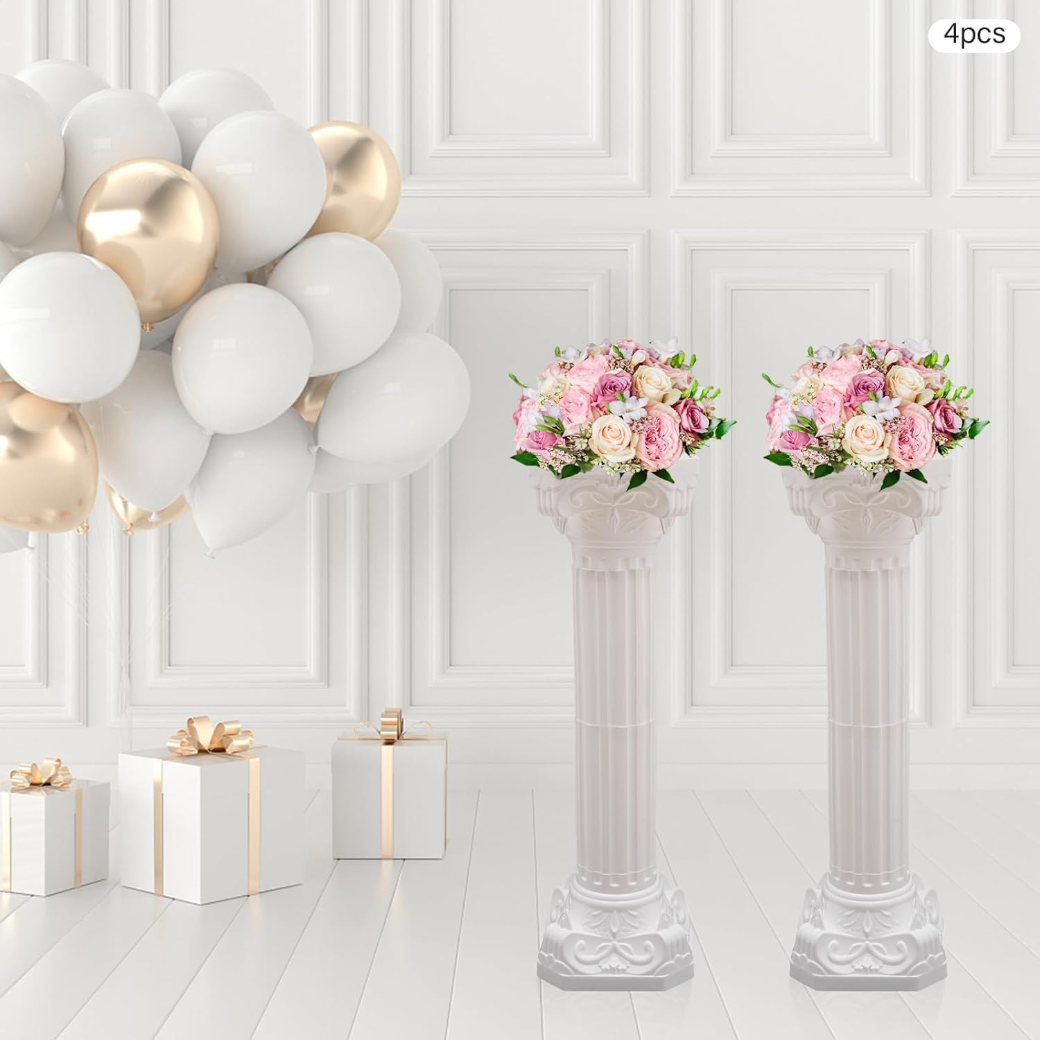 4PCS White Roman Column Set - 10.63x34.65in Hollow Wedding Pillars for Party Decor, Floral Arrangements & Event Centerpieces | Elegant Wedding Arch, Garden Decor & Home Decoration Accents