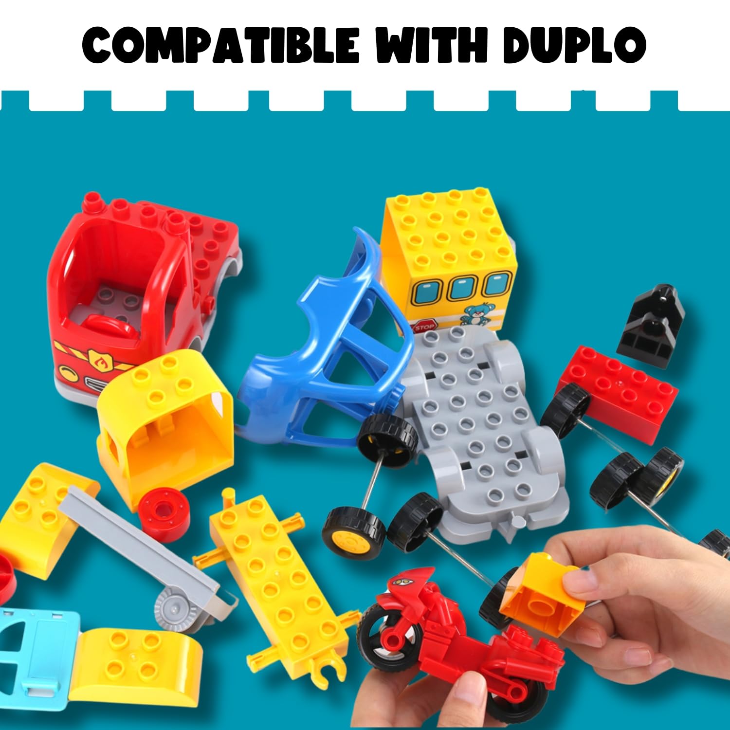 Liberty Imports 4-Pack City Vehicles Transportation Toy Set - Police Car, Fire Truck, School Bus & Motorcycle | Compatible with LEGO DUPLO Blocks | STEM Learning Toys for Toddlers & Kids | Perfect for Pretend Play & Early Education