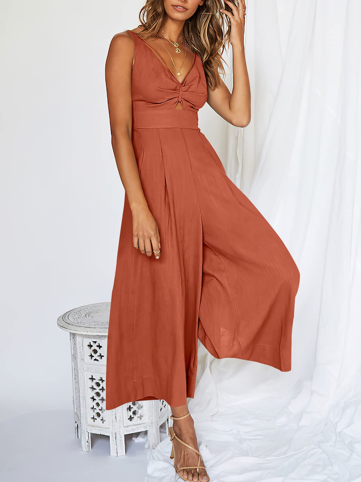 ANRABESS Women's Summer Wide Leg Linen Jumpsuit - V Neck Sleeveless Casual Romper with Pockets | Beach Vacation Outfit, Boho Chic Dressy Lounge Wear for Travel & Outdoor Activities