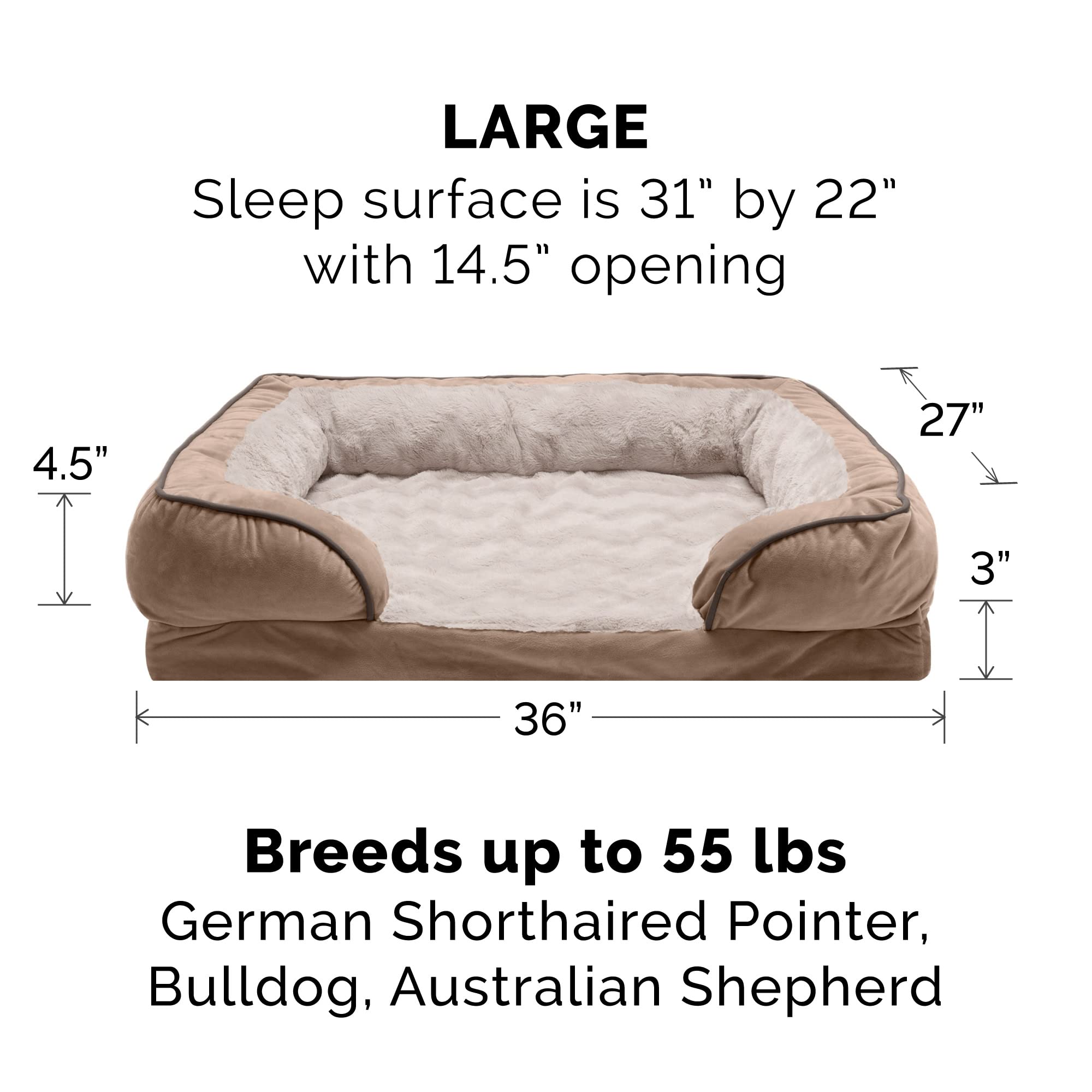 **Furhaven Orthopedic Dog Bed for Large & Medium Dogs - Plush Velvet Waves Sofa with Removable Bolsters & Washable Cover - Supports Up to 55 lbs - Brownstone (Large) - Perfect for Living Room, Bedroom, or Pet-Friendly Spaces**