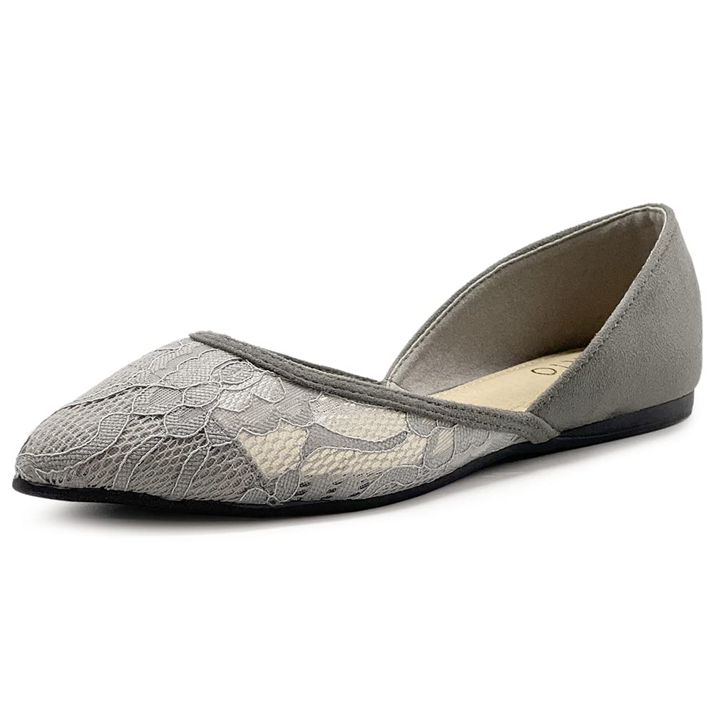 Ollio Women's Ballet Flats - Faux Suede Floral Lace Pointed Toe Shoes | Breathable Mesh Design for Comfort | Perfect for Work, Weddings & Casual Outfits