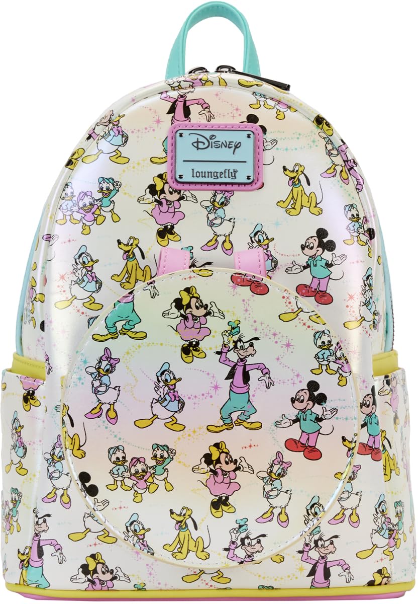 Disney 100 Mickey & Minnie Mouse Loungefly Mini Backpack with Ear Support - Cute Disney Character AOP Design for Women & Girls - Perfect for Theme Parks, Travel, and Everyday Use