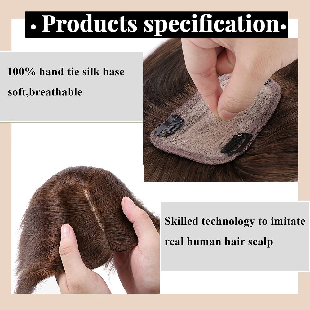 MY-LADY 150% Density Human Hair Topper - No Bangs Clip-In Hairpiece for Women, 14 Inch Medium Brown Silk Base - Perfect for Thinning Hair & Hair Loss - Great for Daily Wear, Parties & Special Occasions