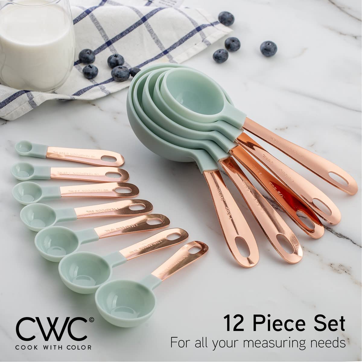Premium Stainless Steel Measuring Cups and Spoons Set - 12-Piece Nesting Kitchen Measuring Tools with Copper & Mint Handles for Liquid & Dry Ingredients | Ideal for Baking, Cooking, and Meal Prep