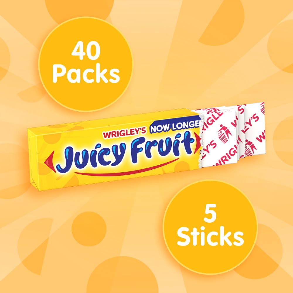 Juicy Fruit Original Bubble Gum Chewing Gum - Bulk Pack of 40 (5 Sticks Each) | Fresh Flavor, Long-Lasting Chew | Perfect for Parties, School Snacks & On-the-Go Treats