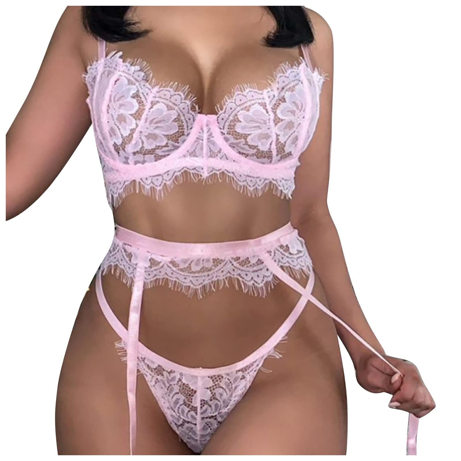 Exotic Lingerie Set for Women - Lace Garter Teddy Babydoll with Strappy Bra & Panty Set (No Stockings) - Pink | Perfect for Valentine's Day, Bridal Shower & Romantic Nights
