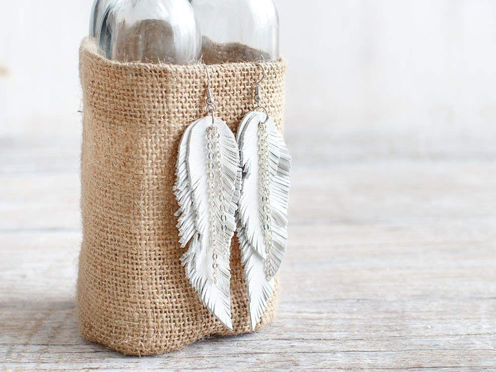 White Leather Feather Dangle Earrings for Women - Layered Tribal Boho Long Earrings | Perfect for Festivals, Parties & Boho Fashion