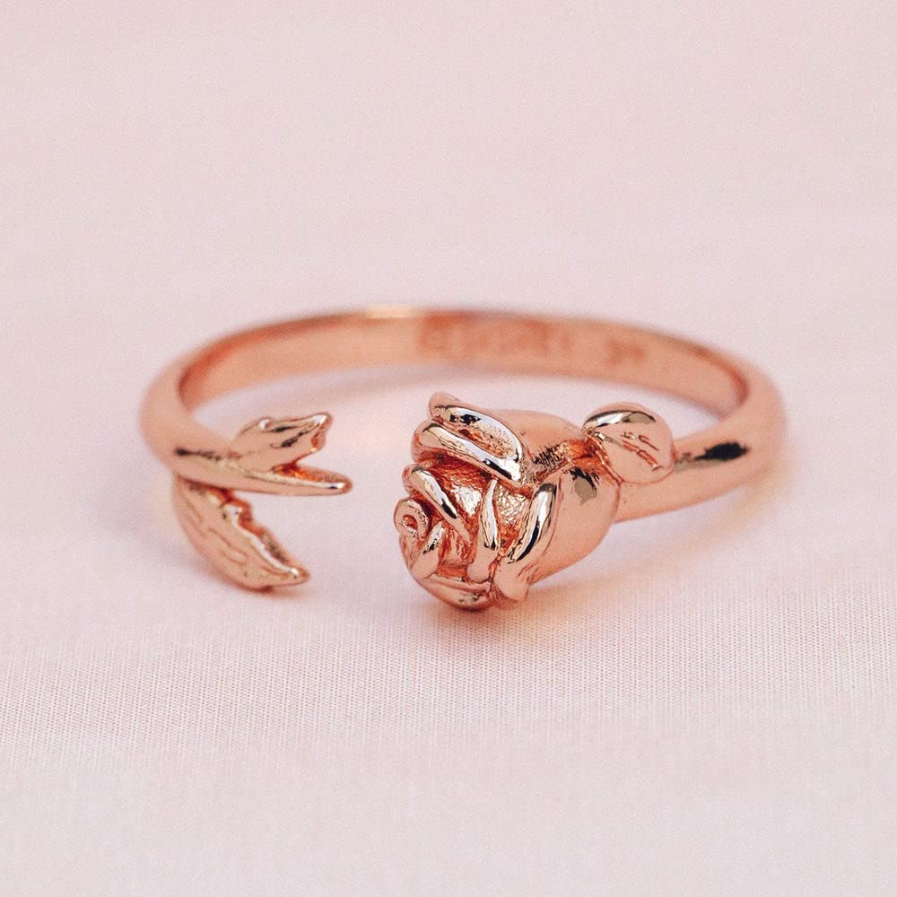 Pura Vida Rose Gold-Plated Disney Belle Rose Open Ring with Rosebud Charm - Brass Base - Size 5-9 - Perfect for Disney Fans, Cosplay & Everyday Wear