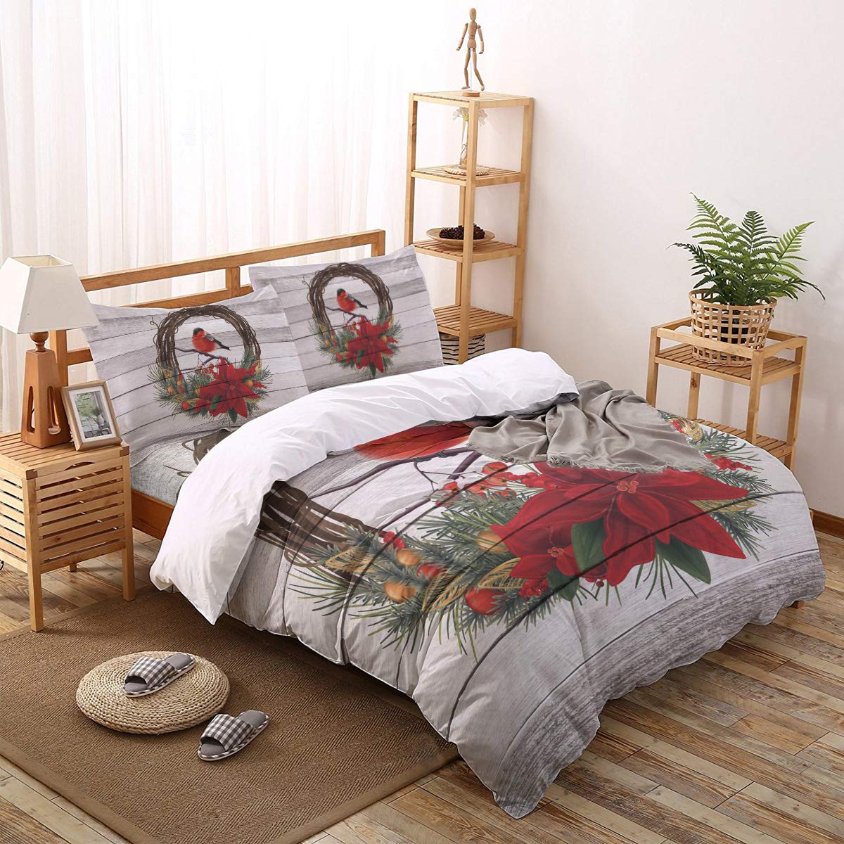 4-Piece Christmas Buffalo Plaid Duvet Cover Set - Red Watercolor Cardinal Bird Garland Design, Full Size Breathable Bedding for All Seasons (1 Duvet Cover + 1 Flat Sheet + 2 Pillowcases) - Perfect for Holiday Home Decor, Cozy Winter Bedrooms & Festive Guest Rooms
