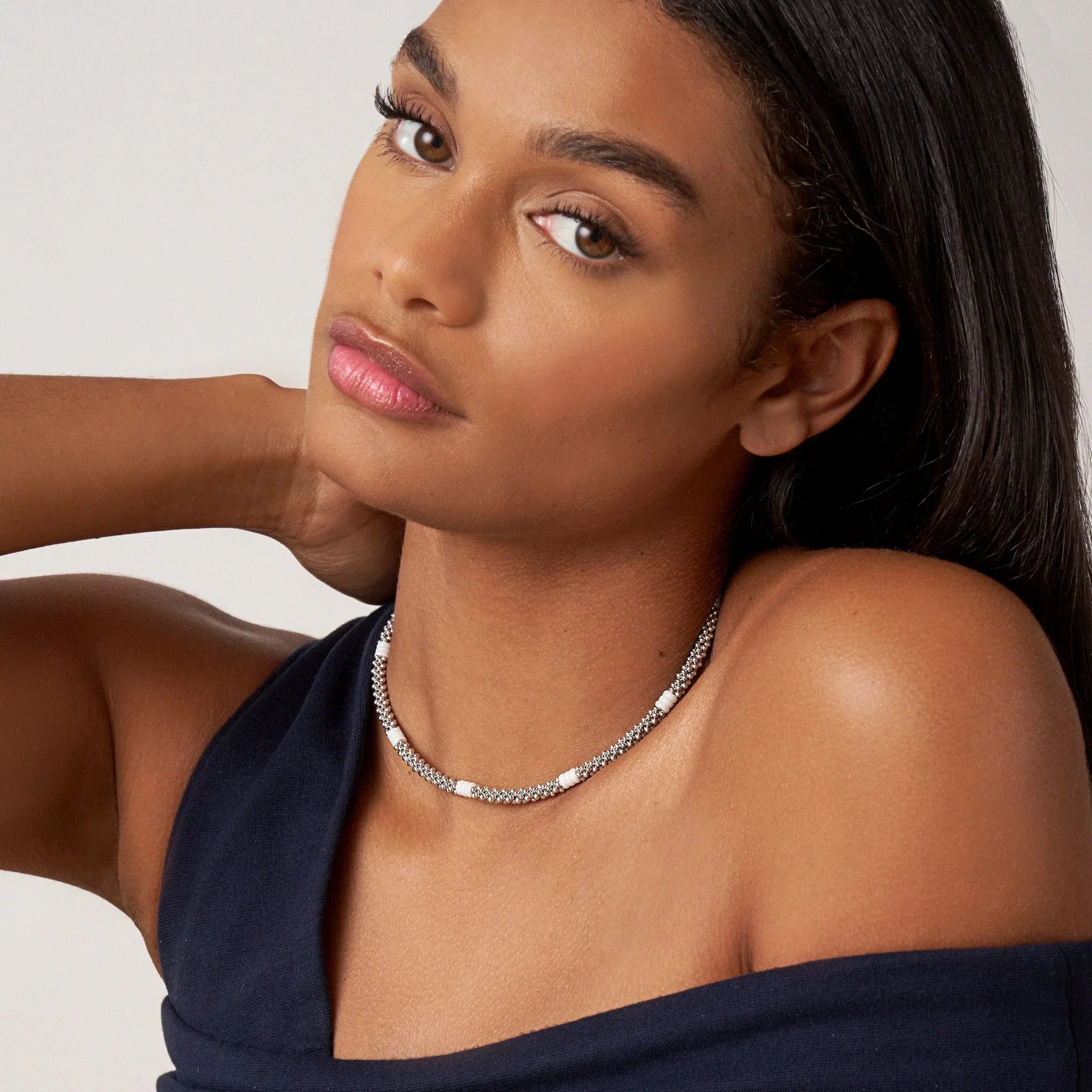 Elegant Ceramic Three Bead Station Caviar Necklace for Women - Perfect for Evening Parties, Weddings & Special Occasions