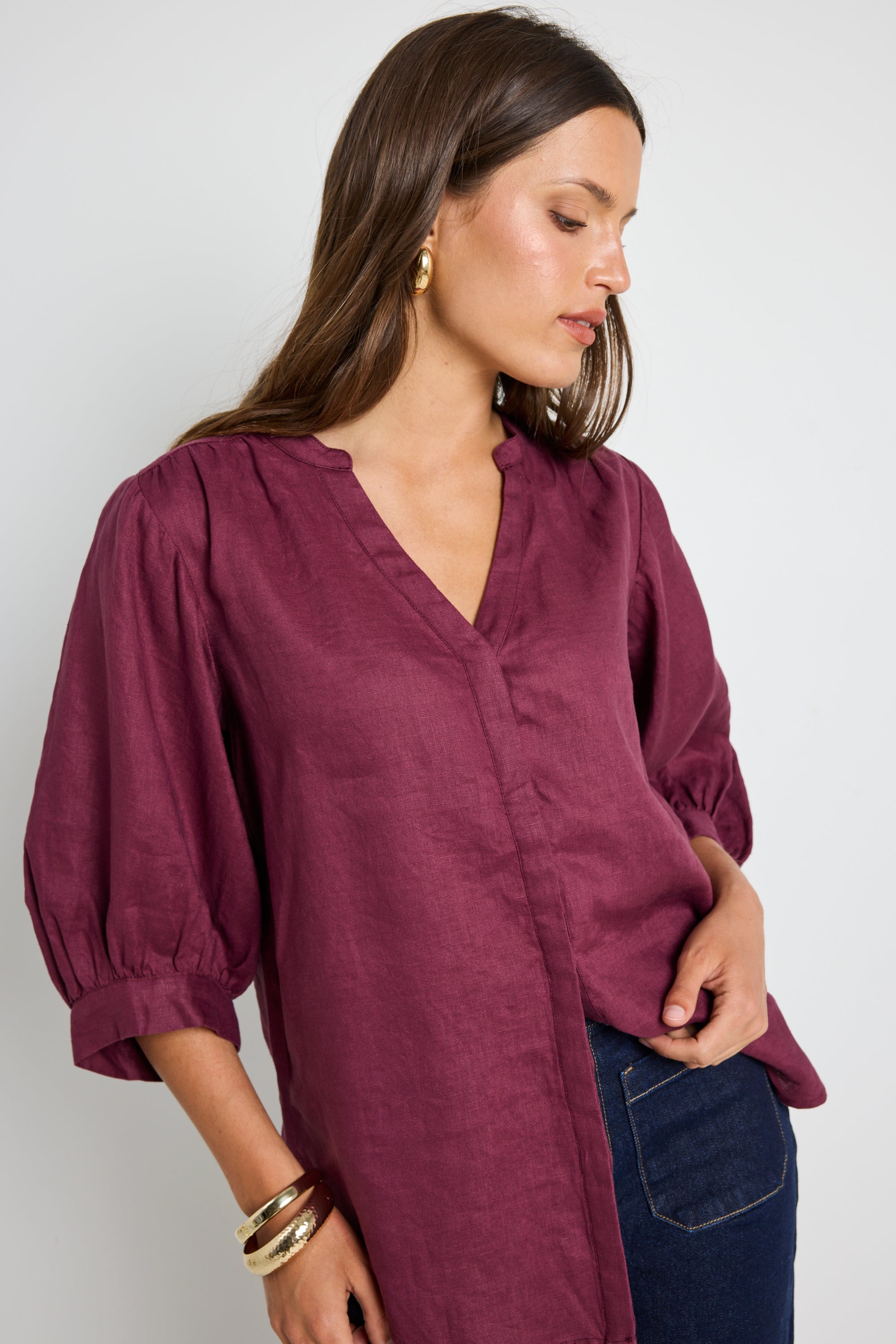 Deity Women's Burgundy Plum Linen Button-Down Blouse with Puff Sleeves - Elegant Casual Top for Office, Date Night & Summer Outfits
