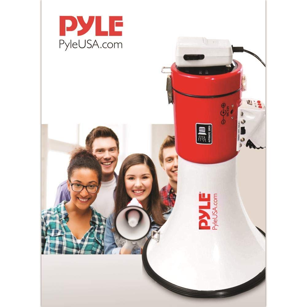 PYLE PMP58U 50W Red Megaphone with USB Port, 6GB Internal Memory & Wired Microphone - 1000m Range, Battery or 12V Transformer Powered - Ideal for Outdoor Events, Crowd Control, and Emergency Alerts