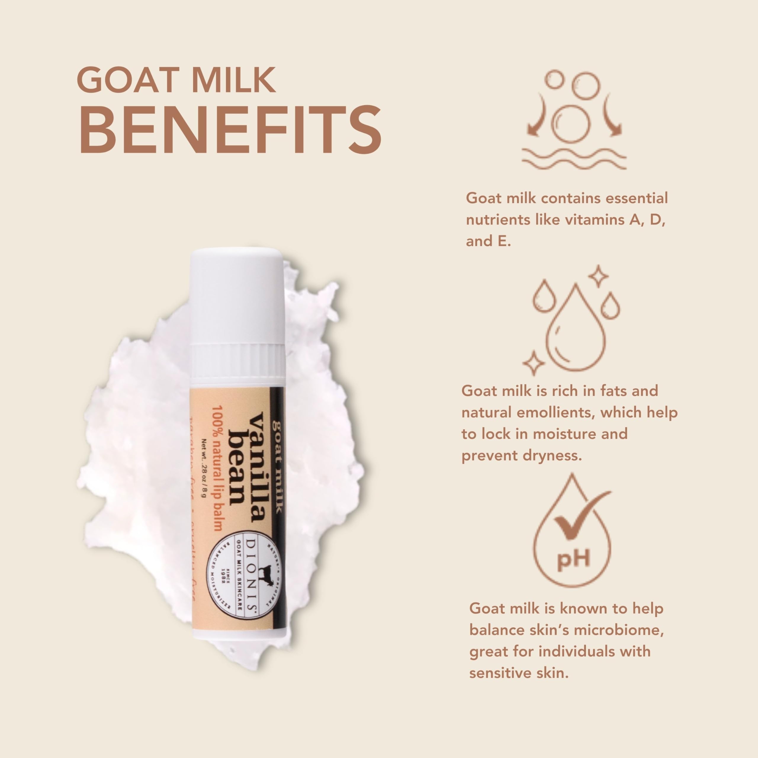 Dionis Goat Milk Lip Balm Set of 6 (0.28 oz) - Moisturizing Vanilla Bean Scented Lip Care for Dry & Chapped Lips - Cruelty-Free, Paraben-Free Skincare - Perfect for Winter Hydration & Daily Lip Protection