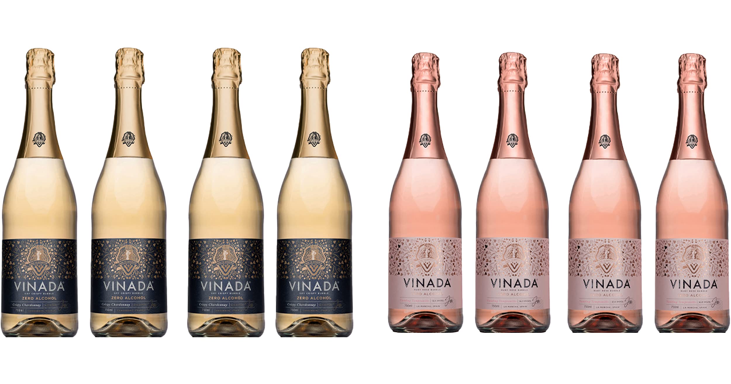 VINADA Alcohol-Free Sparkling Rosé & Crispy Chardonnay Variety Pack - 8 x 750ml Glass Bottles - Zero Sugar, Vegan, Gluten-Free - Perfect for Parties, Weddings & Special Occasions