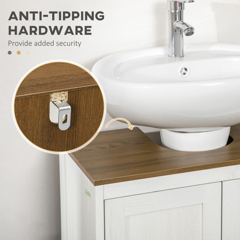 Antique White & Walnut Pedestal Sink Storage Cabinet with Double Doors - Bathroom Vanity Organizer for Small Spaces, Perfect for Powder Rooms & Guest Bathrooms