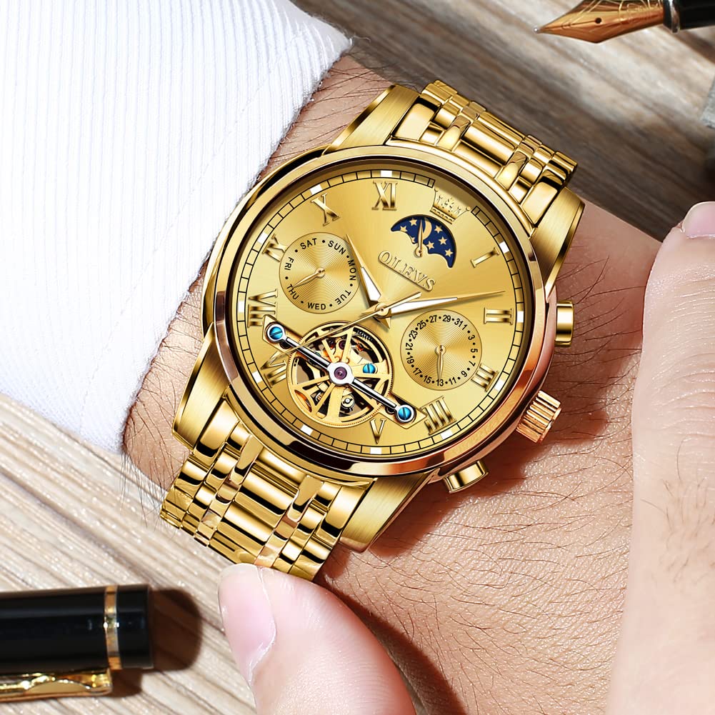 OLEVS Men's Automatic Mechanical Skeleton Moon Phase Watch - Stainless Steel Dress Watch with 3ATM Waterproof & Luminous Hands - Perfect for Business, Formal Occasions & Gift Giving