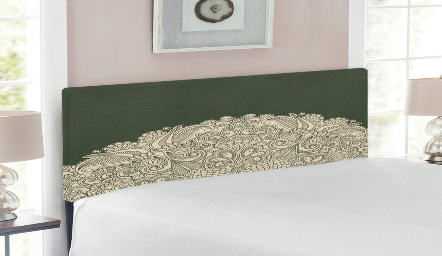 Ambesonne Oriental Upholstered Headboard - Half Mandala Floral Vintage Design, Queen Size Metal Bed Frame with Memory Foam in Beige & Dark Taupe | Perfect for Bedroom Decor, Master Suite, and Guest Room Styling