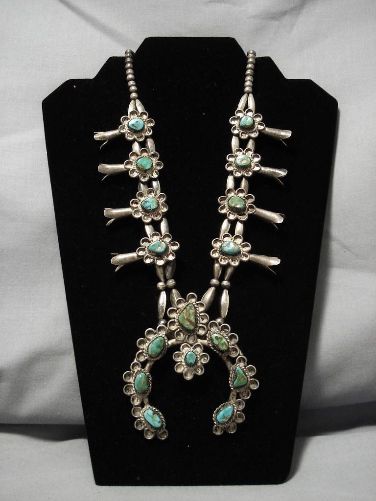 Vintage Navajo Sterling Silver Squash Blossom Necklace with Green Turquoise - Authentic Native American Jewelry for Women, Perfect for Boho Fashion, Weddings & Special Occasions