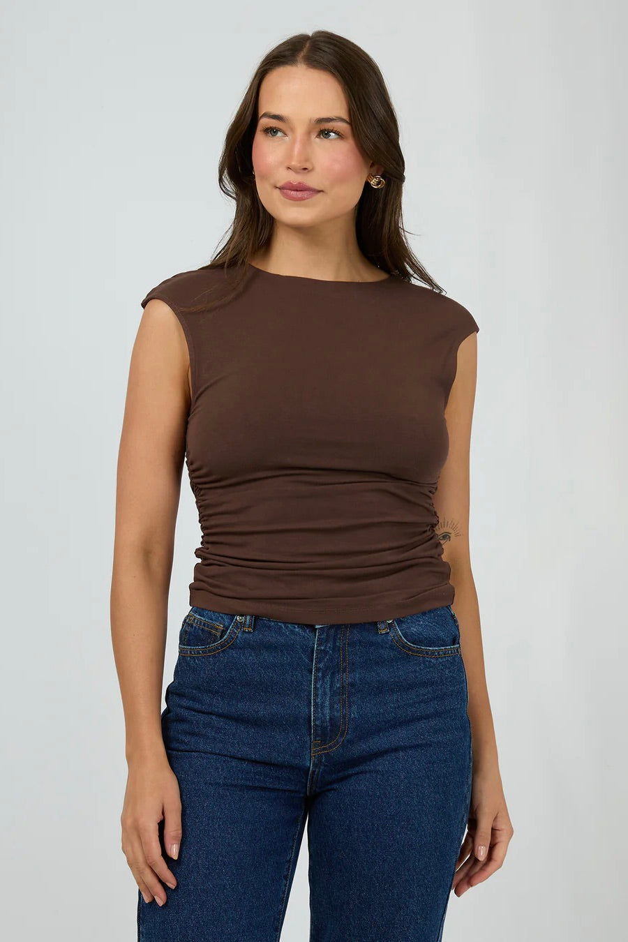 Evie Chocolate Ruched Short Sleeve Top for Women - Elegant & Flattering Fit - Perfect for Casual Outings, Dates & Office Wear