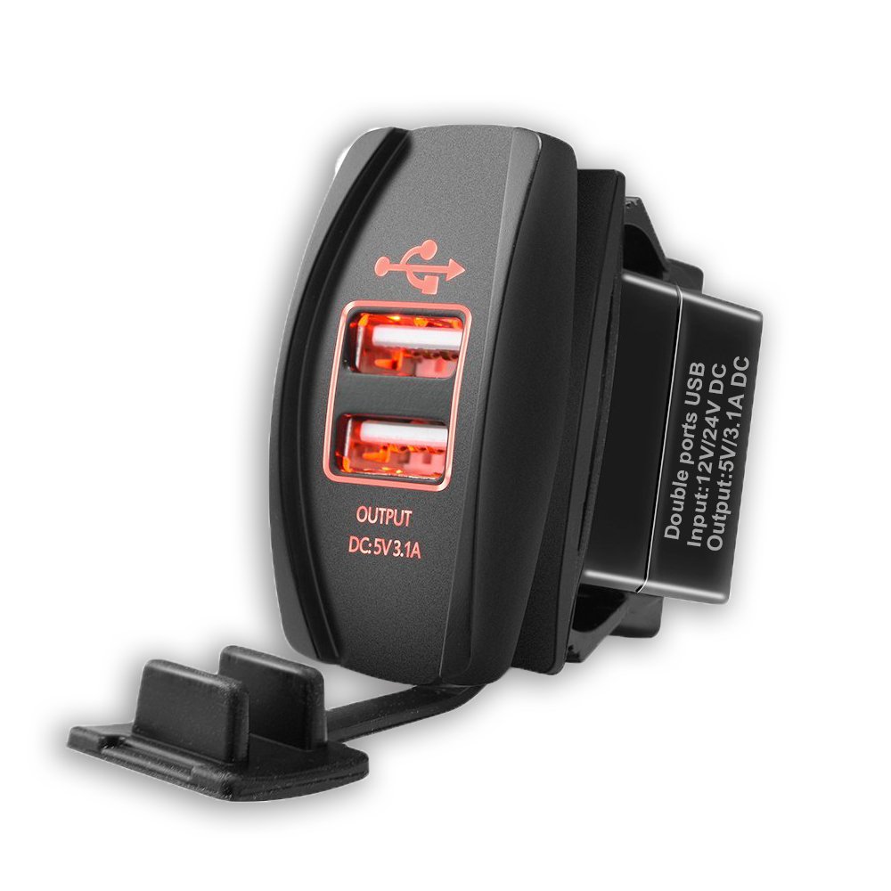 Universal UTV ATV Dual USB Fast Charger Port with Orange LED Light - Compatible with Side by Side, Boats & Rocker Switch Panels - Perfect for Off-Road Adventures & Marine Use