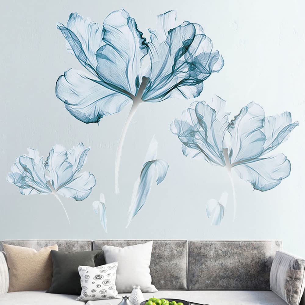 Supzone Light Blue Flower Wall Sticker - Large Blue Floral Vinyl Decal with Lotus Blossom Design | DIY Wall Art for Bedroom, Living Room, Office & TV Backdrop | Perfect for Home Decor, Nursery, Wedding & Party Decoration