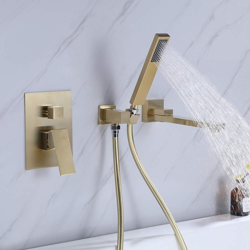 Solid Brass Wall Mounted Bathtub Faucet with 180° Swivel Handheld Shower - Modern Single Handle Bathroom Tub Filler Set in Brushed Gold Finish | Perfect for Spa-Like Bathing Experience and Small Bathroom Spaces