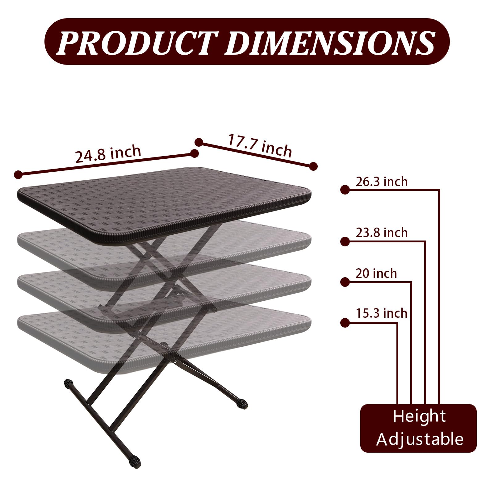 Adjustable Folding TV Tray Table - One-Hand Height Control, Portable Square Rattan Pattern Bedside & Camping Table for Indoor Outdoor Use - Perfect for Parties, Patio, Garden, Backyard, Picnics & Small Space Living