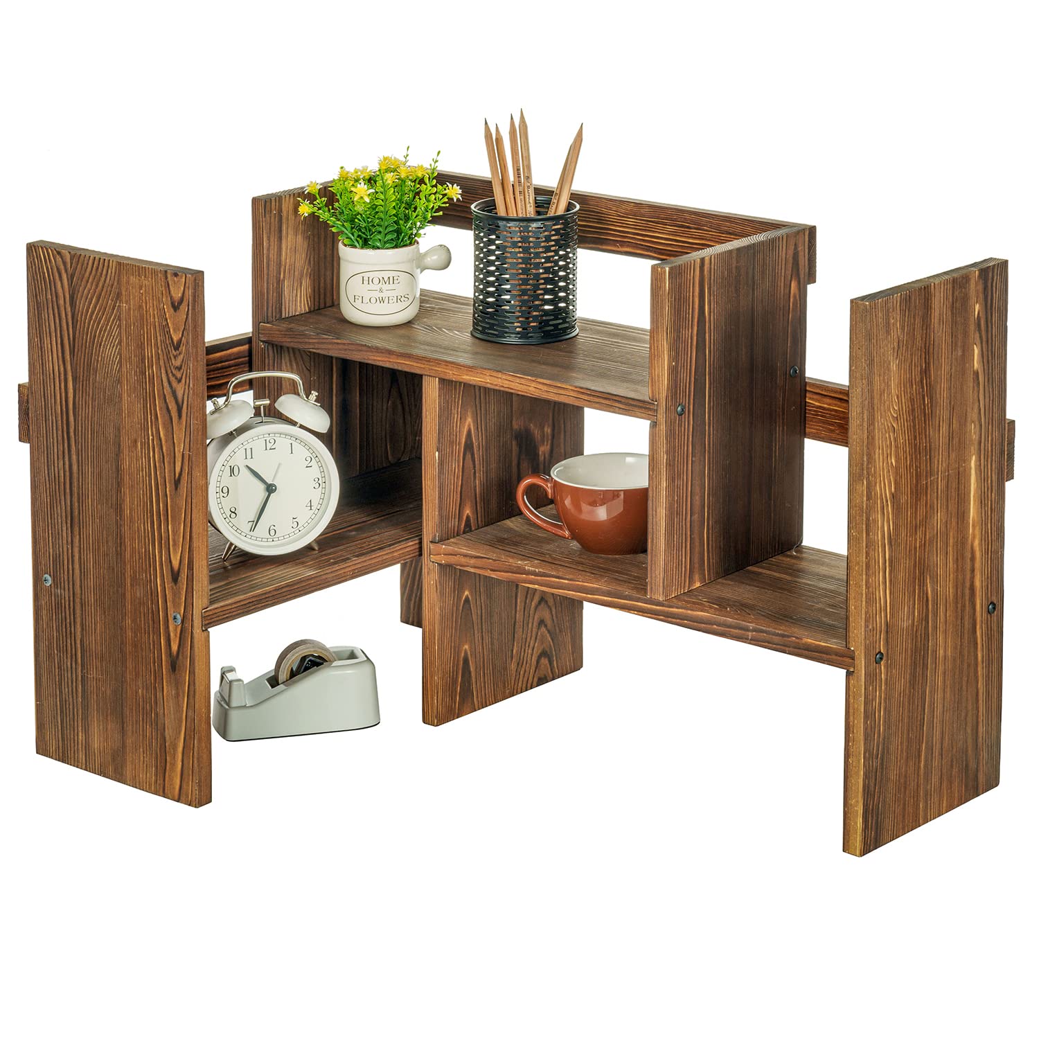 MyGift Adjustable Desktop Shelf - Rustic Solid Wood Stackable Bookshelf Organizer for Home & Office - Multi-Level Storage Rack for Books, Decor & Office Supplies - Perfect for Desk Organization & Space Saving