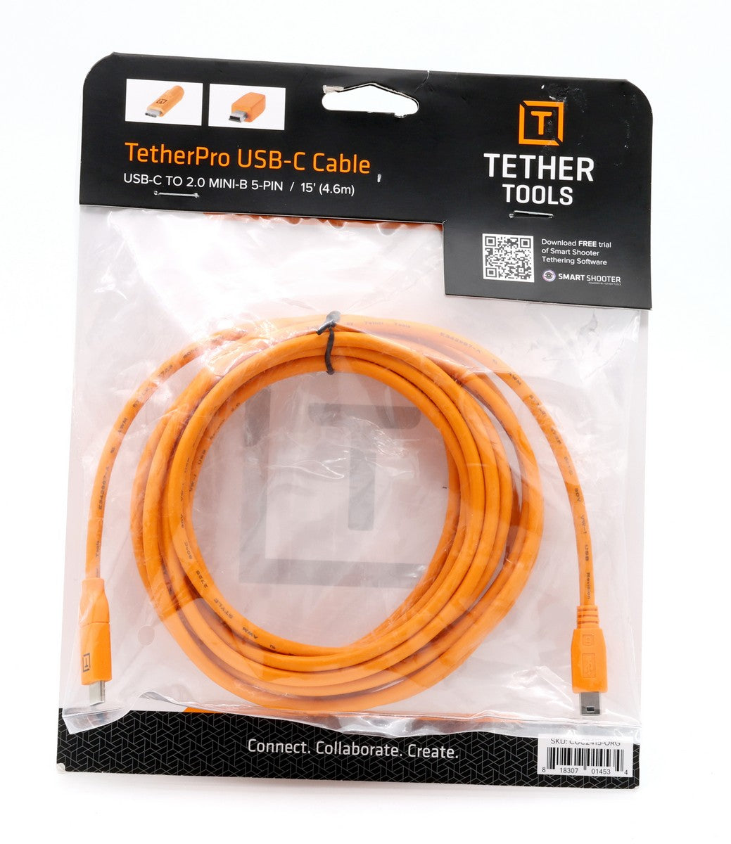 TetherPro USB Type C to Mini USB 2.0 Type B Cable - 15ft Orange Data Sync Cord for Cameras & Devices | Open Box | Perfect for Photography Studios & Tech Setups