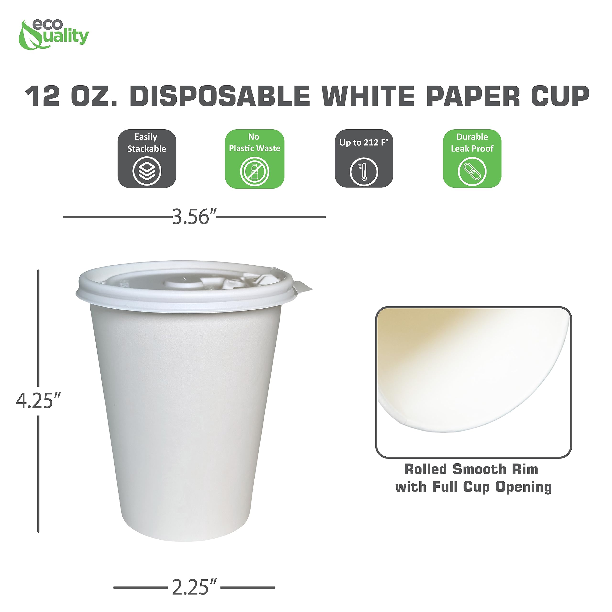 EcoQuality 12 oz Disposable Paper Cups with Flat Lids - 500 Pack for Hot & Cold Beverages, Coffee, Tea, Cocoa - Durable Travel Cups for Office, Cafes, Parties & Events - White
