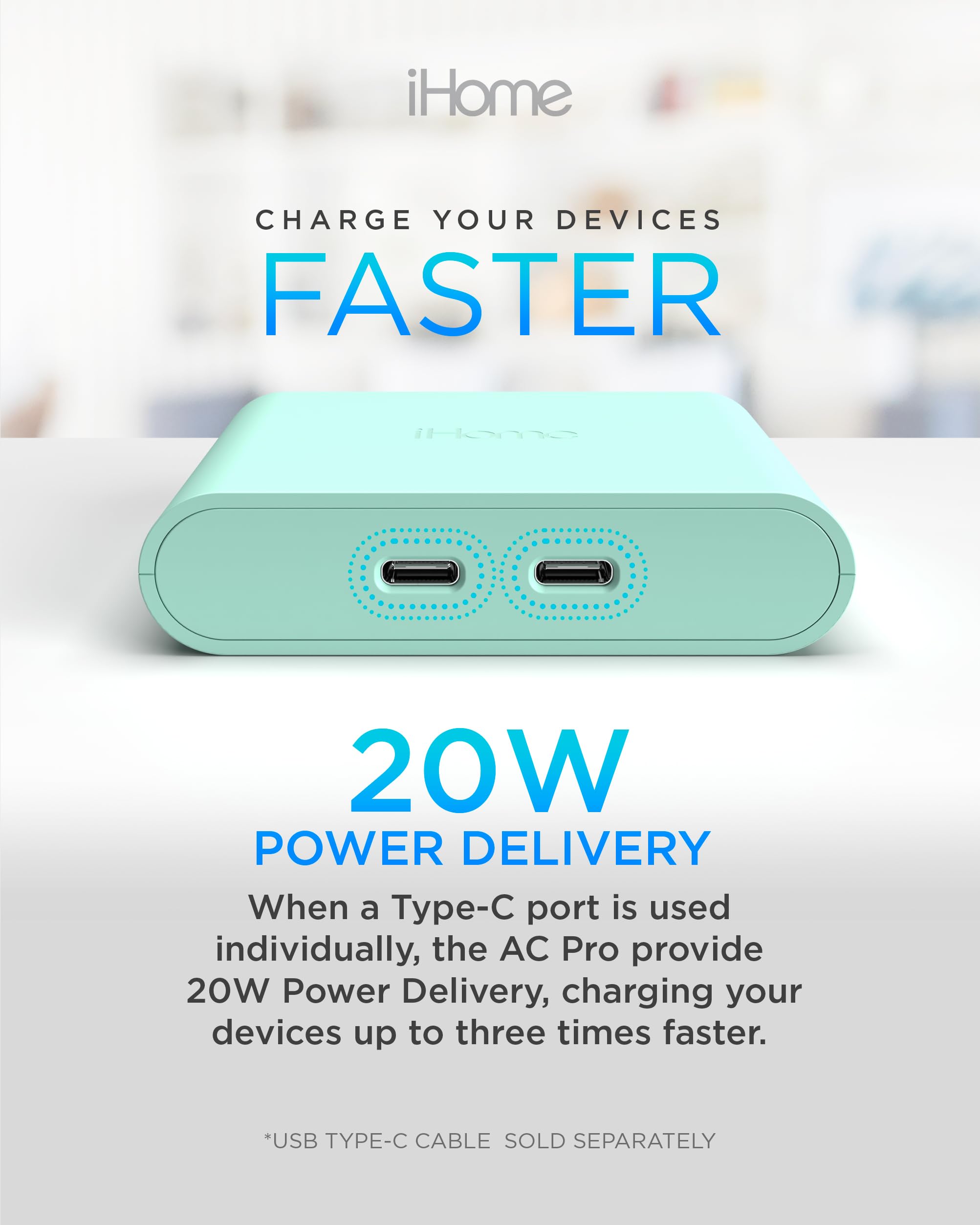 iHome 36W USB-C Fast Charger - Dual Port USB C Wall Charger Block for iPhone 15/14/13, Samsung Galaxy, iPad - Compact Travel Charger for Home, Office & Hotel Use