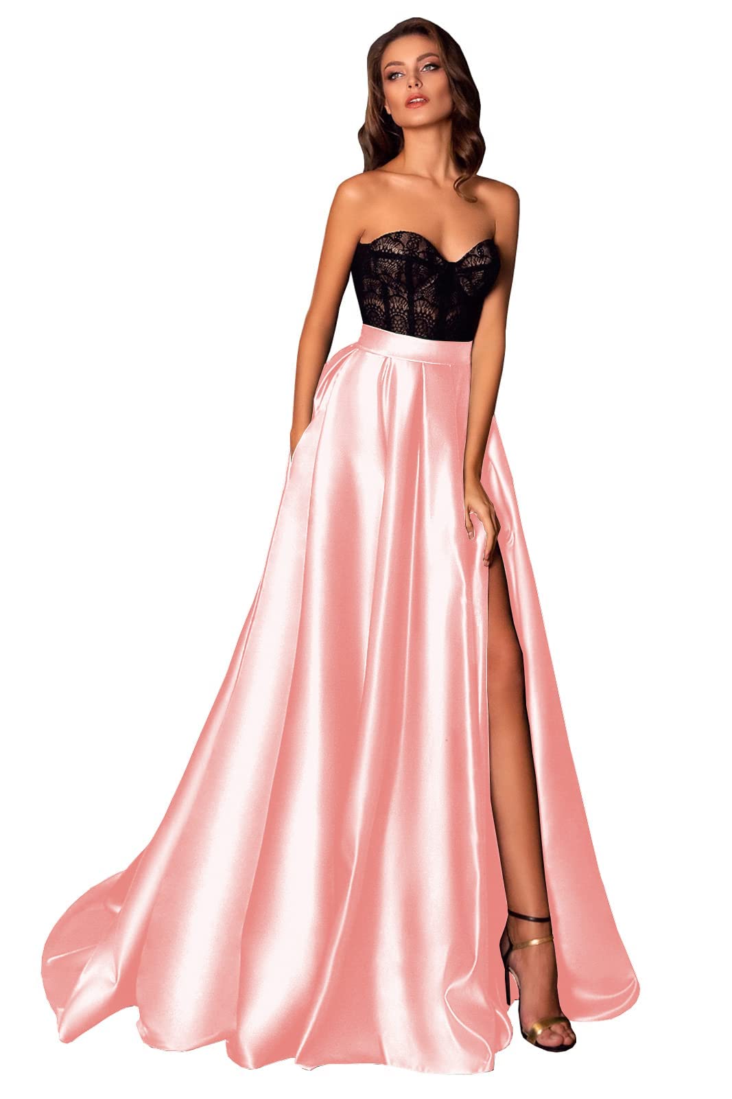 Elegant 2022 Prom Dresses for Women - Strapless Black Lace Corset with Satin Ruched High Slit Ball Gown & Pockets | Perfect for Homecoming, Formal Dances & Special Occasions