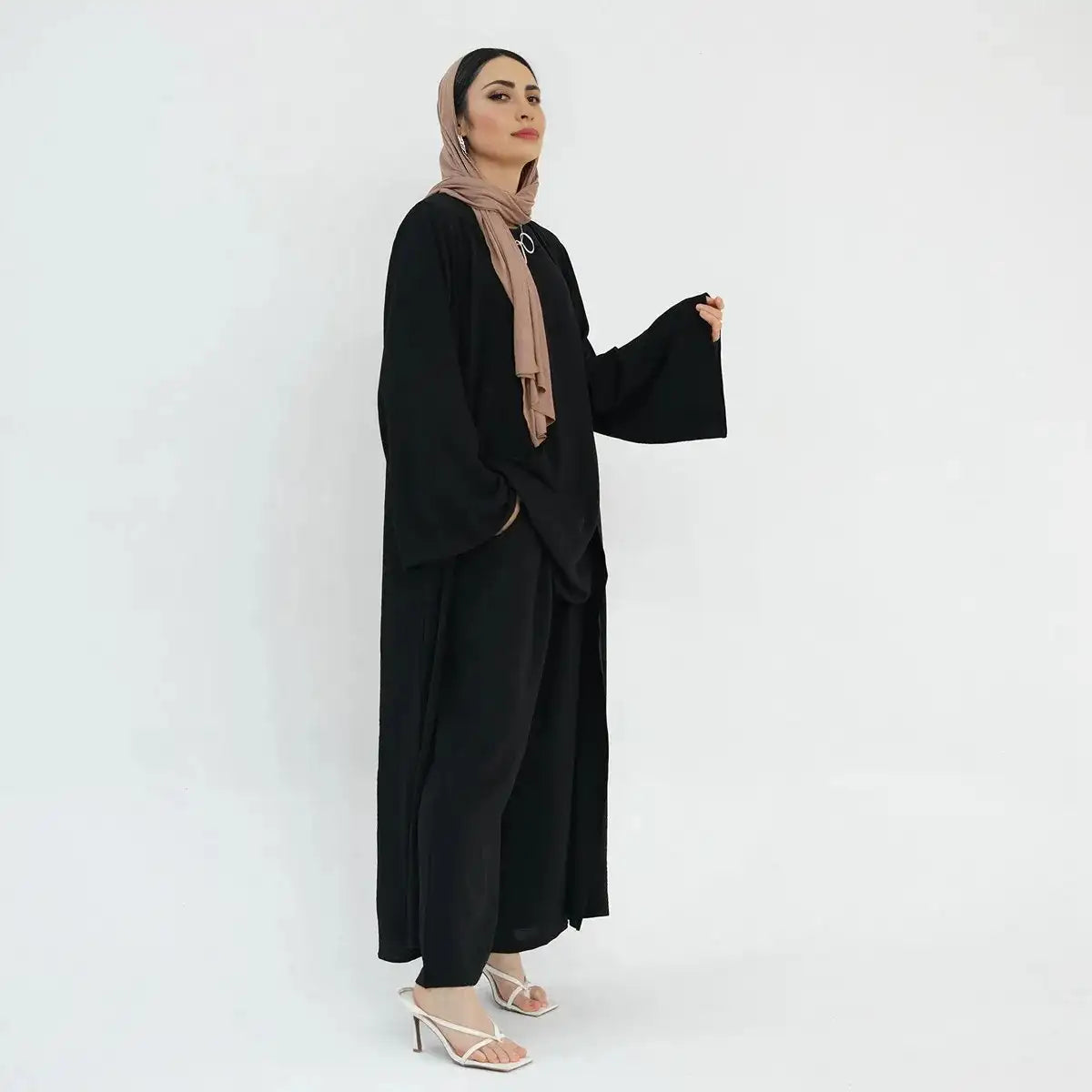 3-Piece Sleeveless Top & Pant Suit with Open Abaya Dress for Muslim Women - Modest Islamic Fashion for Prayer, Eid, Wedding & Special Occasions