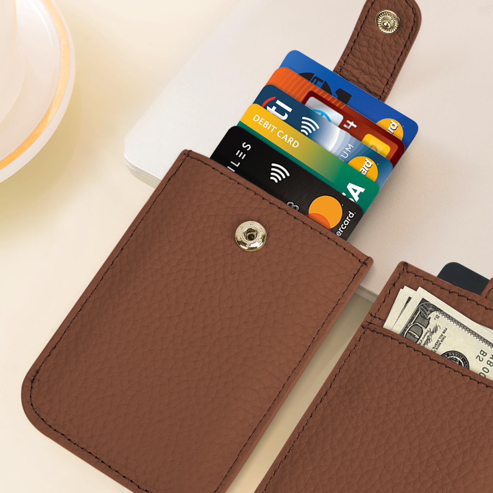 Unaone Slim Minimalist RFID Blocking Wallet - Soft Leather Front Pocket Card Holder for Men & Women | Pull-Out Card Organizer | Perfect for Travel, Work & Everyday Use (Caramel)