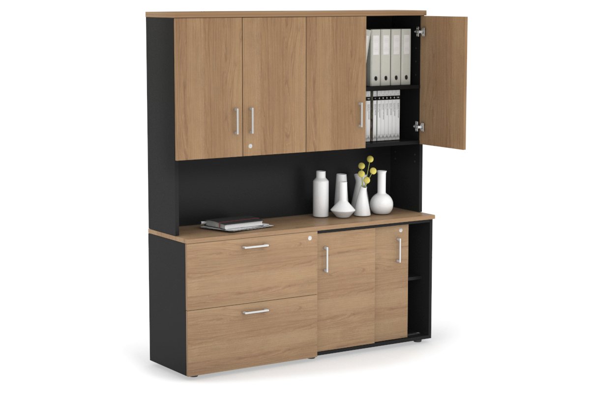 2-Door Sliding Credenza with 2-Drawer Lateral File Cabinet & Hutch - Modern Office Storage Solution for Home or Business Workspaces