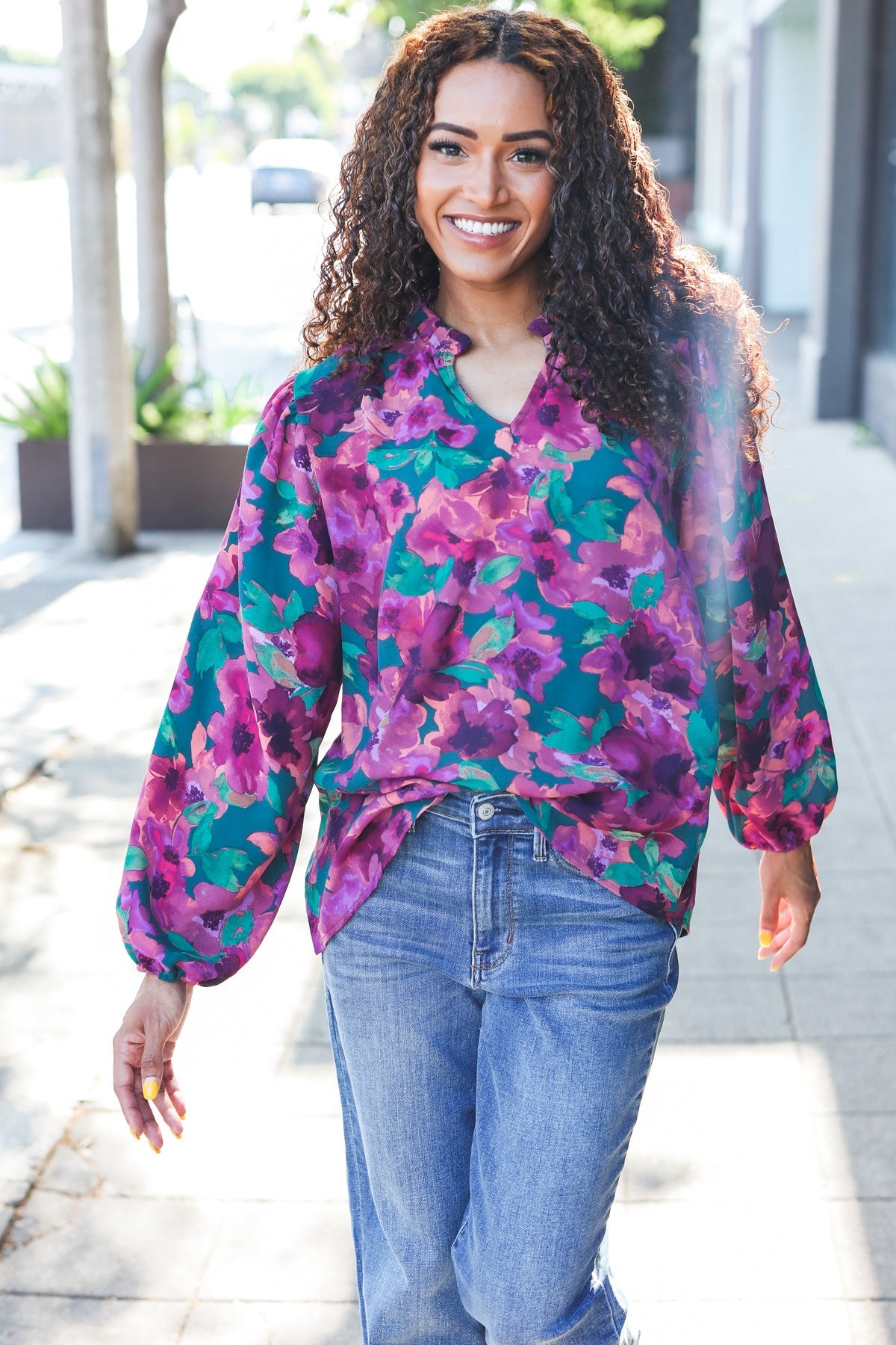 Stylish Hunter Green Watercolor Floral Print Notch Neck Blouse - Elegant Women's Tops for Casual Wear, Office Outfits & Spring Fashion