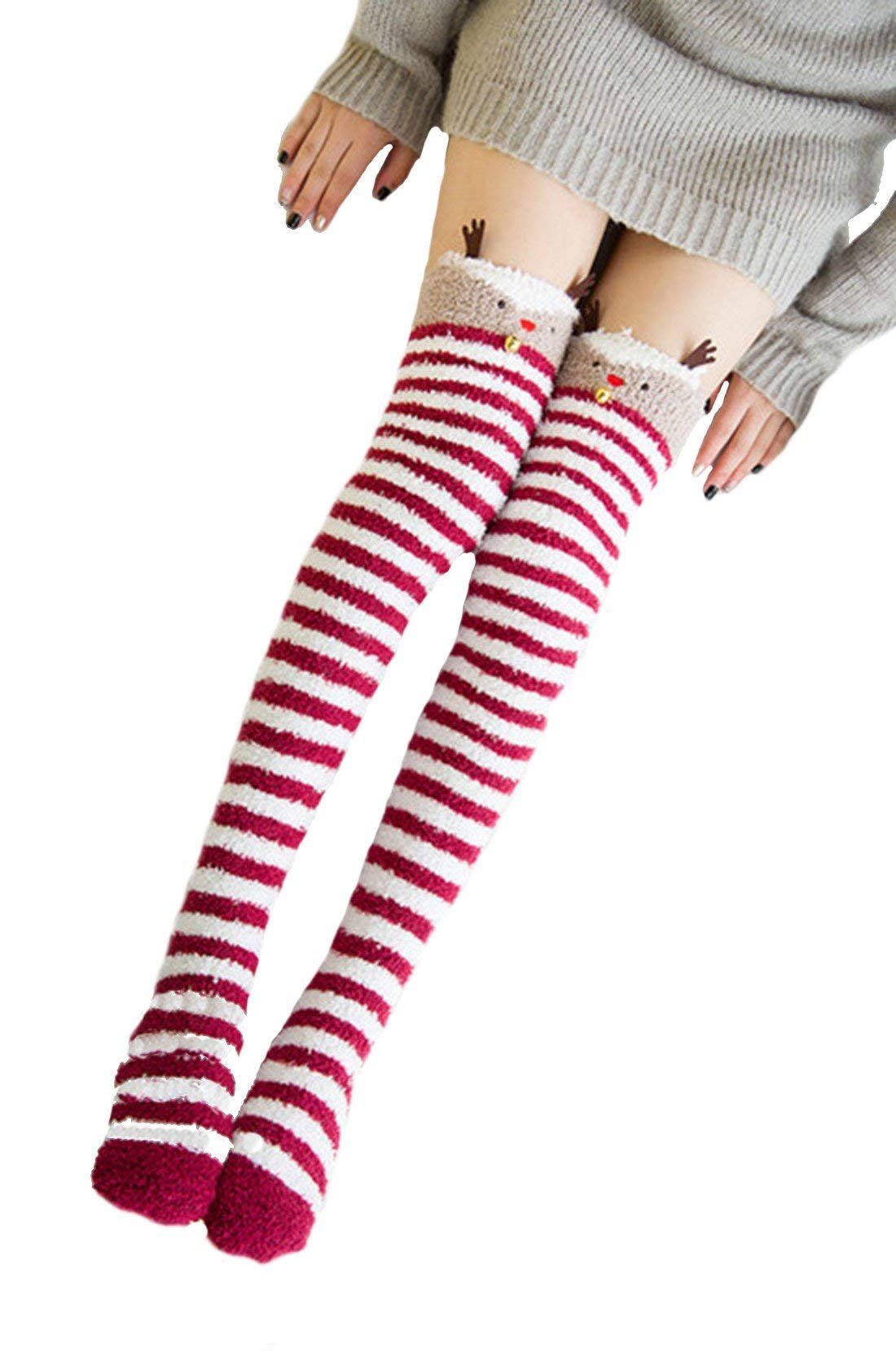 Wander G Women's Over Knee High Fuzzy Socks - Cute Cartoon Thigh High Stockings, Warm Striped Leg Warmers for Winter, Christmas Gifts, Lounge & Home Comfort