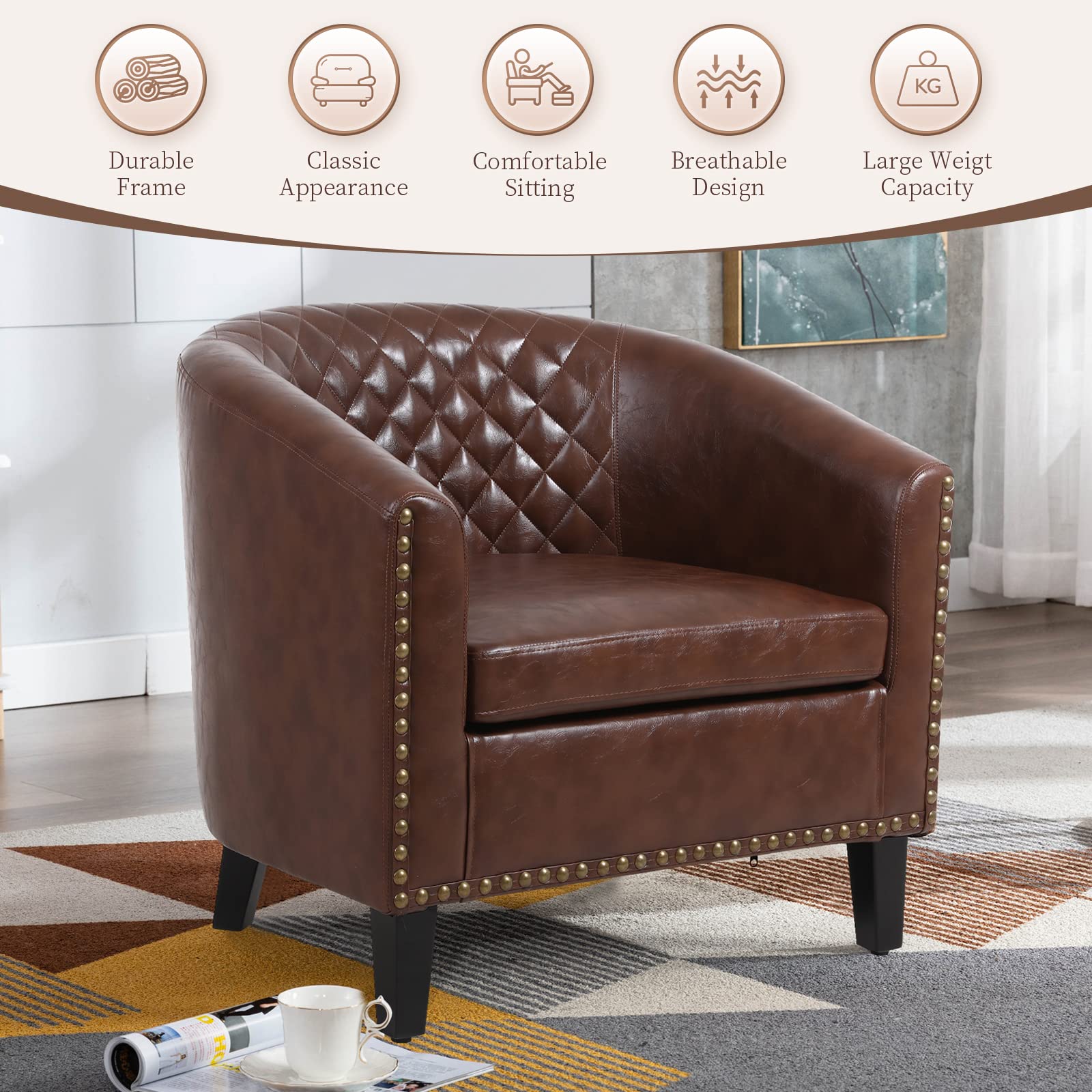 LETESA Barrel Accent Chair - Faux Leather Upholstered Club Chair with Nailhead Trim & Rubber Wood Legs, Diamond Tufted Bucket Seat for Living Room, Bedroom, Office - Brown Home Decor Furniture for Relaxing & Stylish Seating