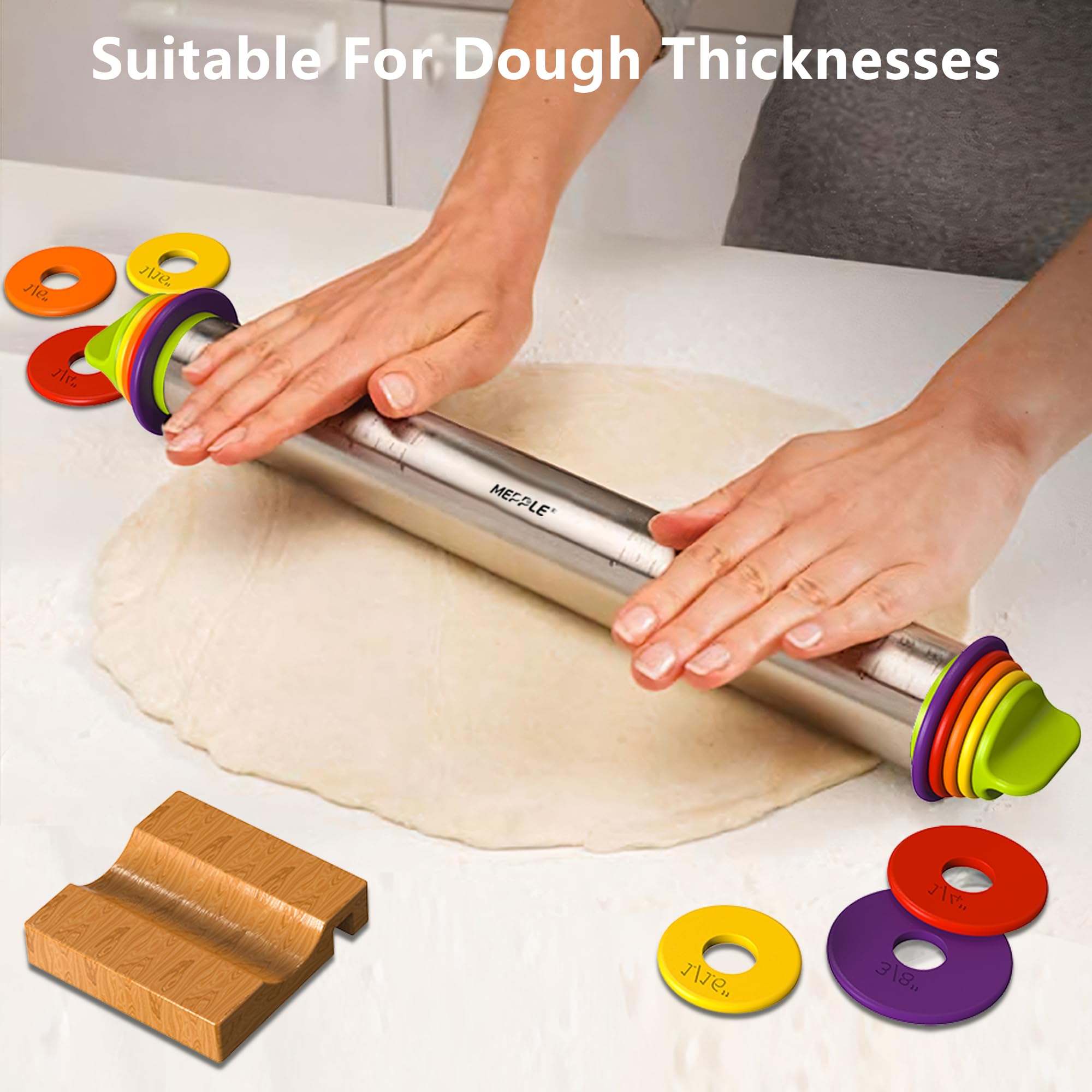 Premium Stainless Steel Rolling Pin with 4 Thickness Rings - Perfect for Fondant, Pizza Dough, Cookies, Pastry & Pie Crust - 13.6