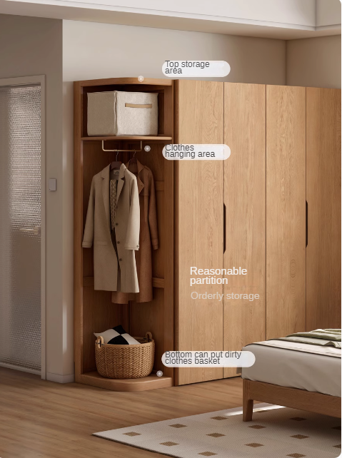 Solid Oak & Cherry Wood Modern Corner Wardrobe - Triangle Floor Standing Closet for Bedroom, Living Room, and Office Storage