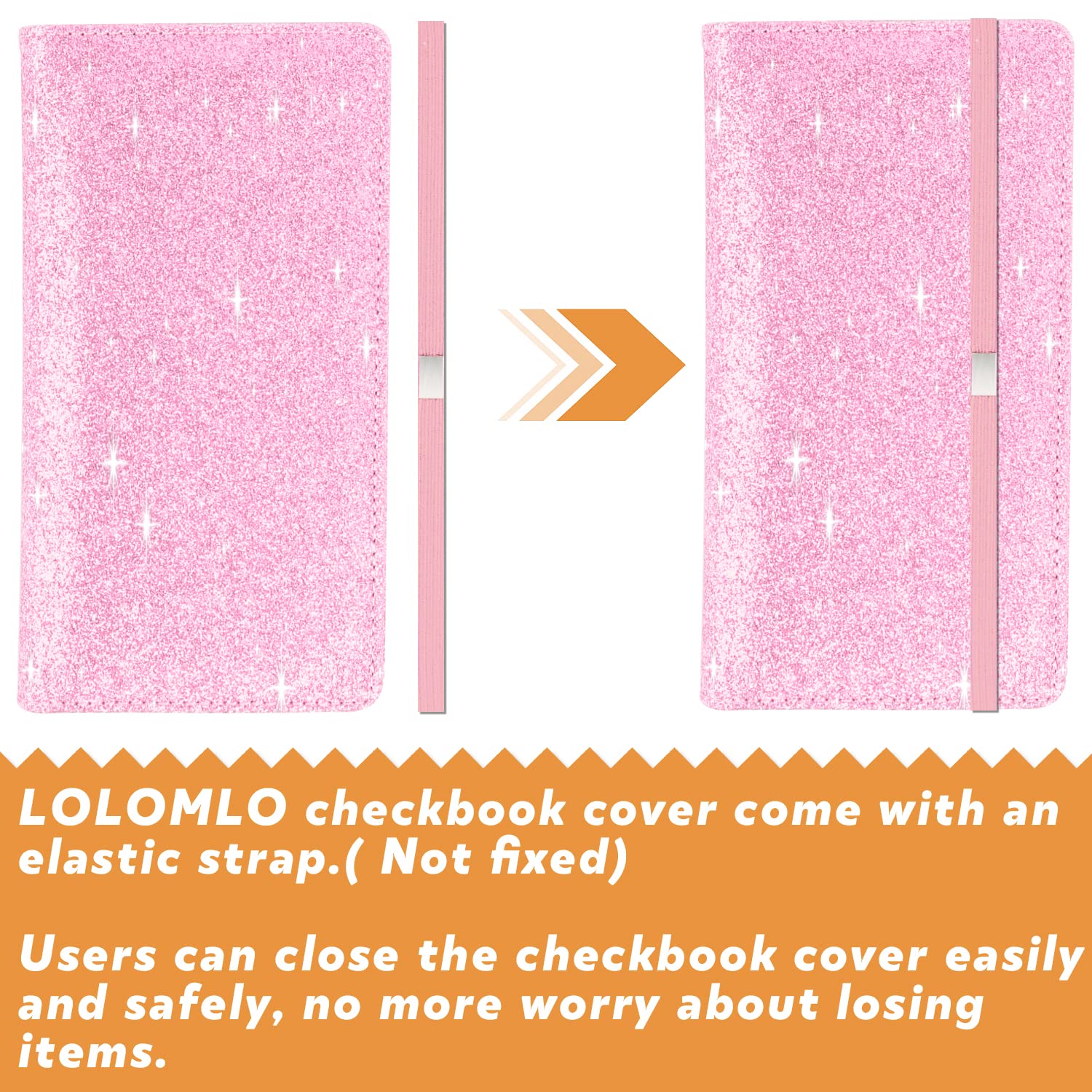 Sparkly Glitter Checkbook Cover for Women & Girls - Bling PU Leather RFID Blocking Checkbook Holder with Pen Loop & Elastic Strap | Fits Top/Side Tear Checks | Perfect for Everyday Banking, Bill Payments & Gift Giving (Pink)