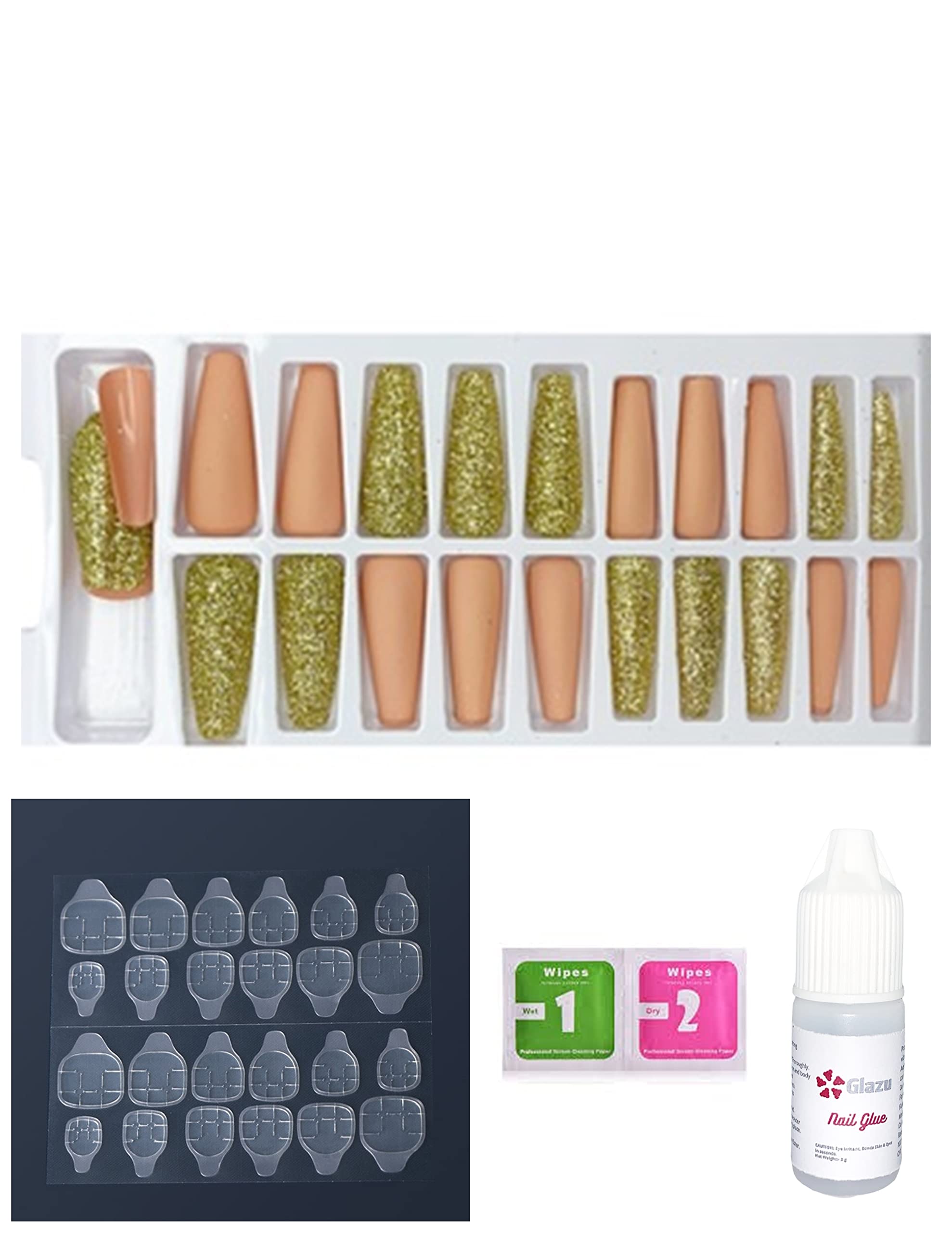 GLAZU Coffin Press On Nails with Glitter & Matte Finish - Almond Shaped Fake Nails with Nail Glue Kit (Tumbleweed Sycamore) | Perfect for Parties, Weddings & Special Occasions