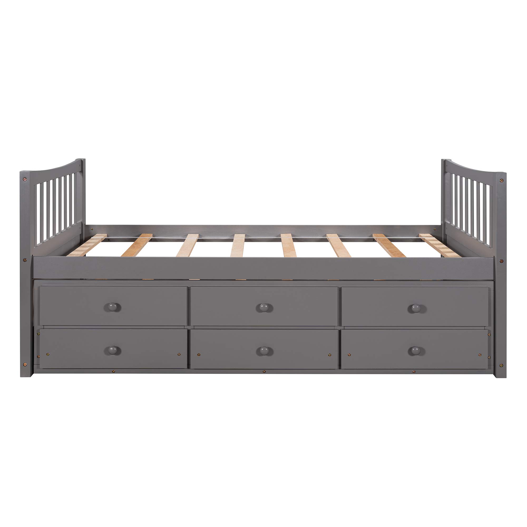 Rhomtree Twin Captains Bed with Trundle and Storage Drawers - Wooden Daybed Sofa Bed Frame for Bedroom, Guest Room, Living Room (Grey) | Space-Saving Multi-Functional Furniture for Small Apartments & Dorm Rooms