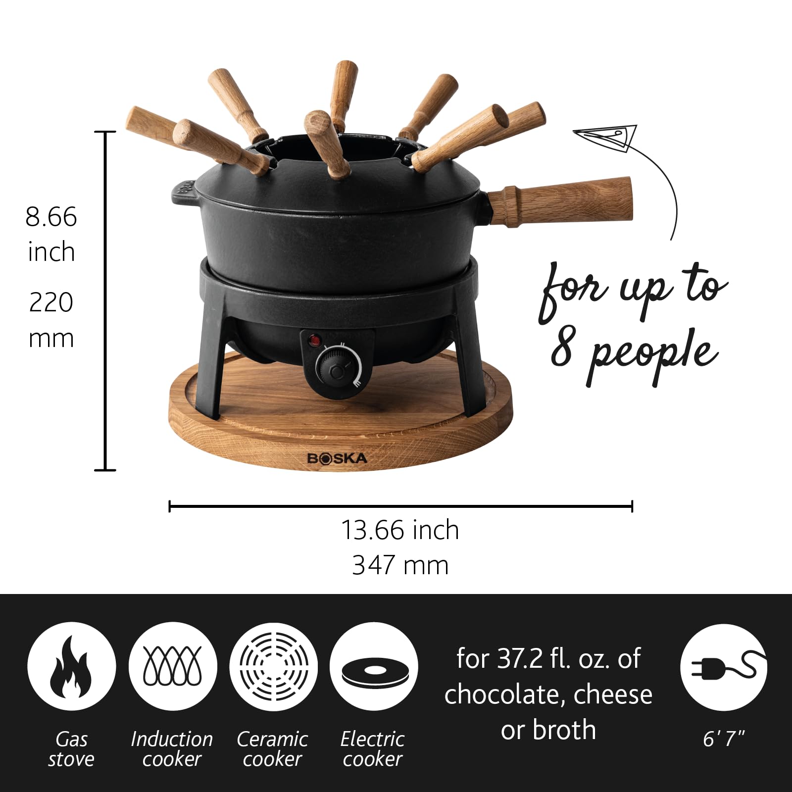 BOSKA Electric Fondue Set Pro - 8-Person Cast Iron Fondue Pot for Cheese, Chocolate & Broth - Premium Quality with Splash Guard & Extra-Long Cord - Perfect for Parties, Family Gatherings & Romantic Dinners (Black)